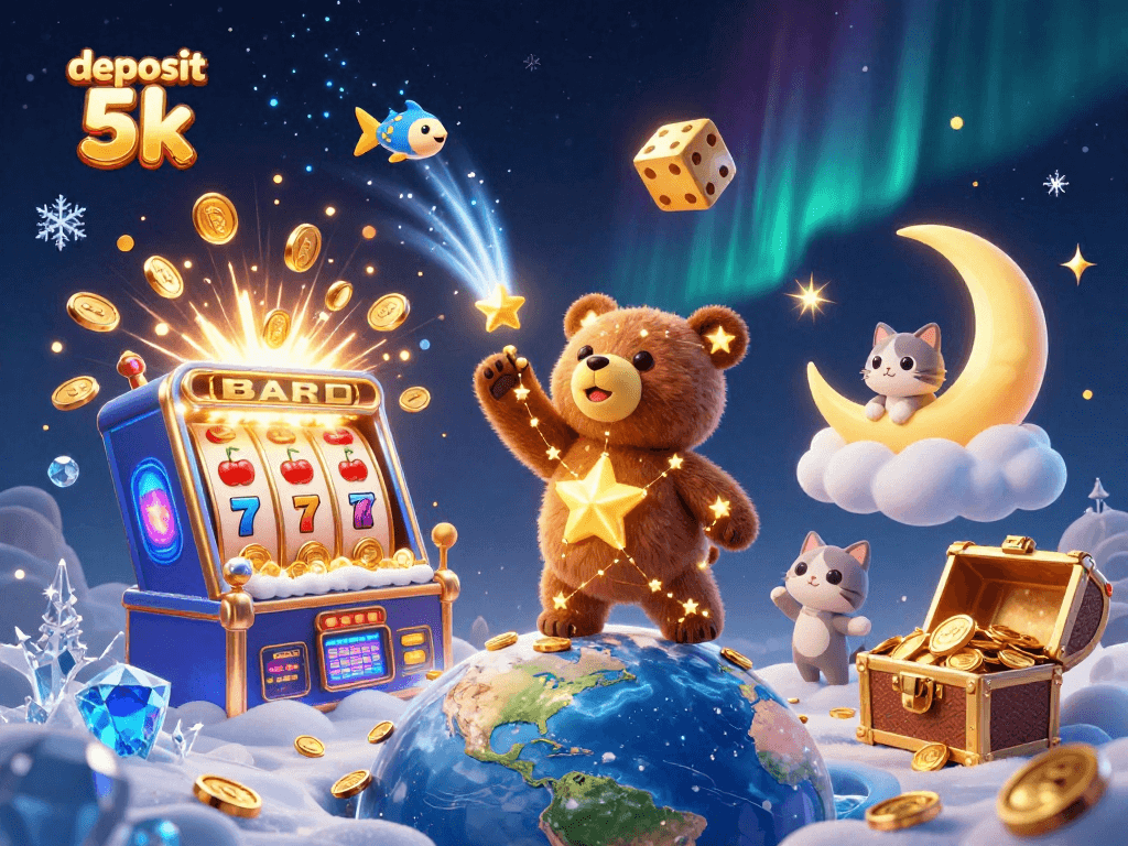 Spin to win with deposit 5k featuring a golden star bear and bursting slot machine!