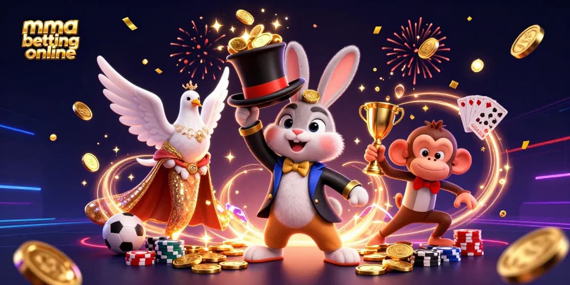 Engage in MMA betting online with vibrant 3D illustration showcasing a magician rabbit and dynamic casino elements.