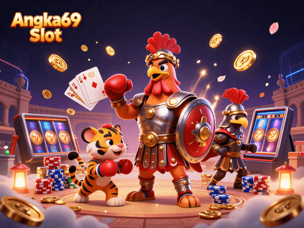 Experience Angka69 Slot's thrilling gameplay with a dynamic 3D illustration of casino elements.