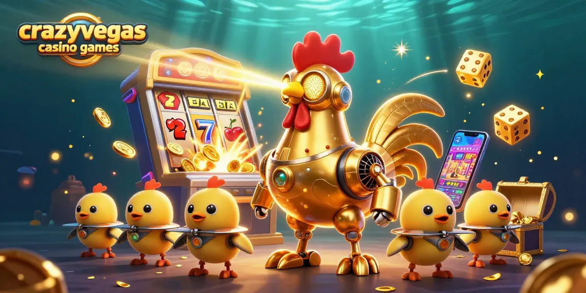 Engage with crazyvegas casino games featuring a golden rooster robot and baby chick drones amidst vibrant slot symbols.