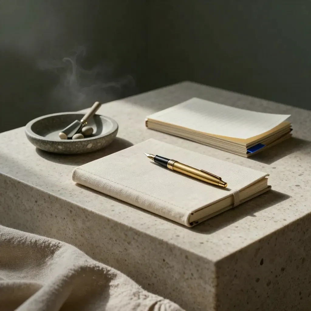 Reflection AI journal kit on travertine with brass pen, prompt deck and stone dish in dawn mist.