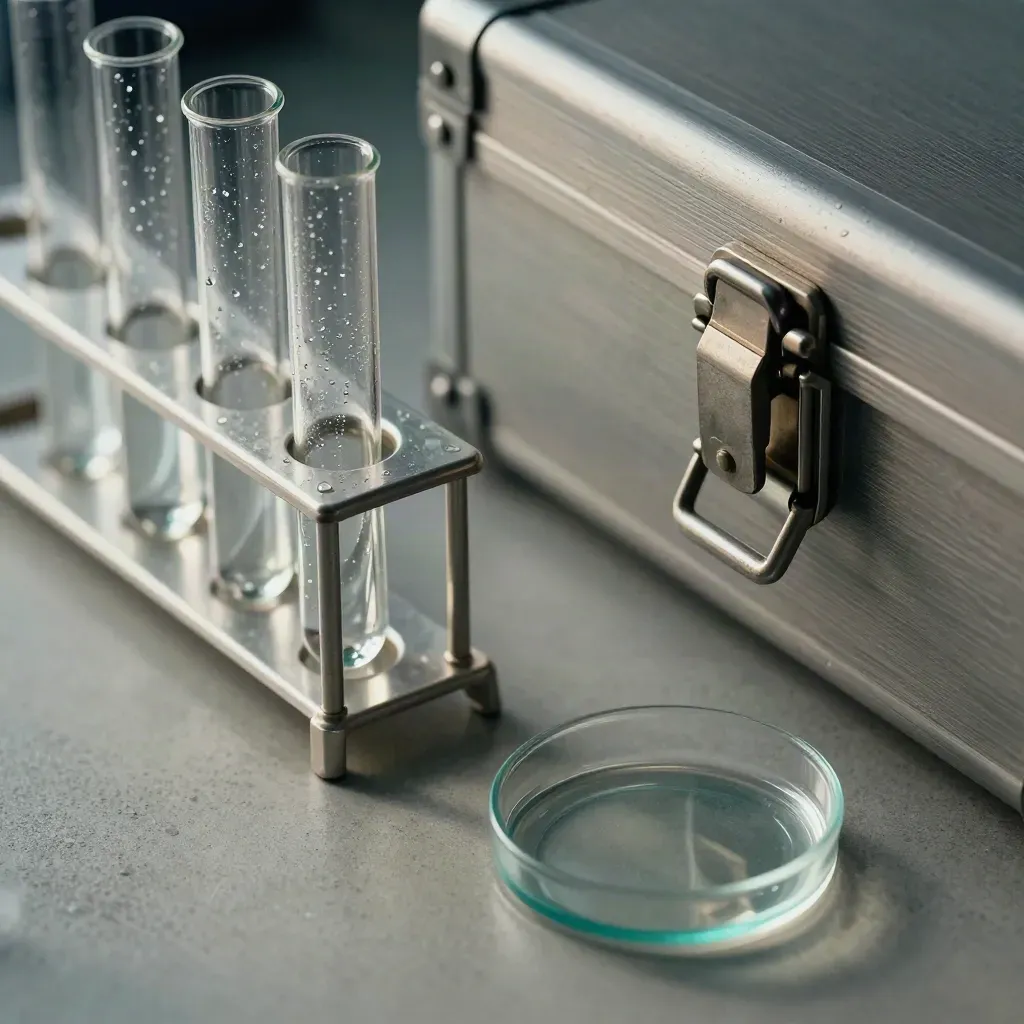 Macro lab still life with glass tubes, petri dish, metal latch, and condensation in cool grey light.