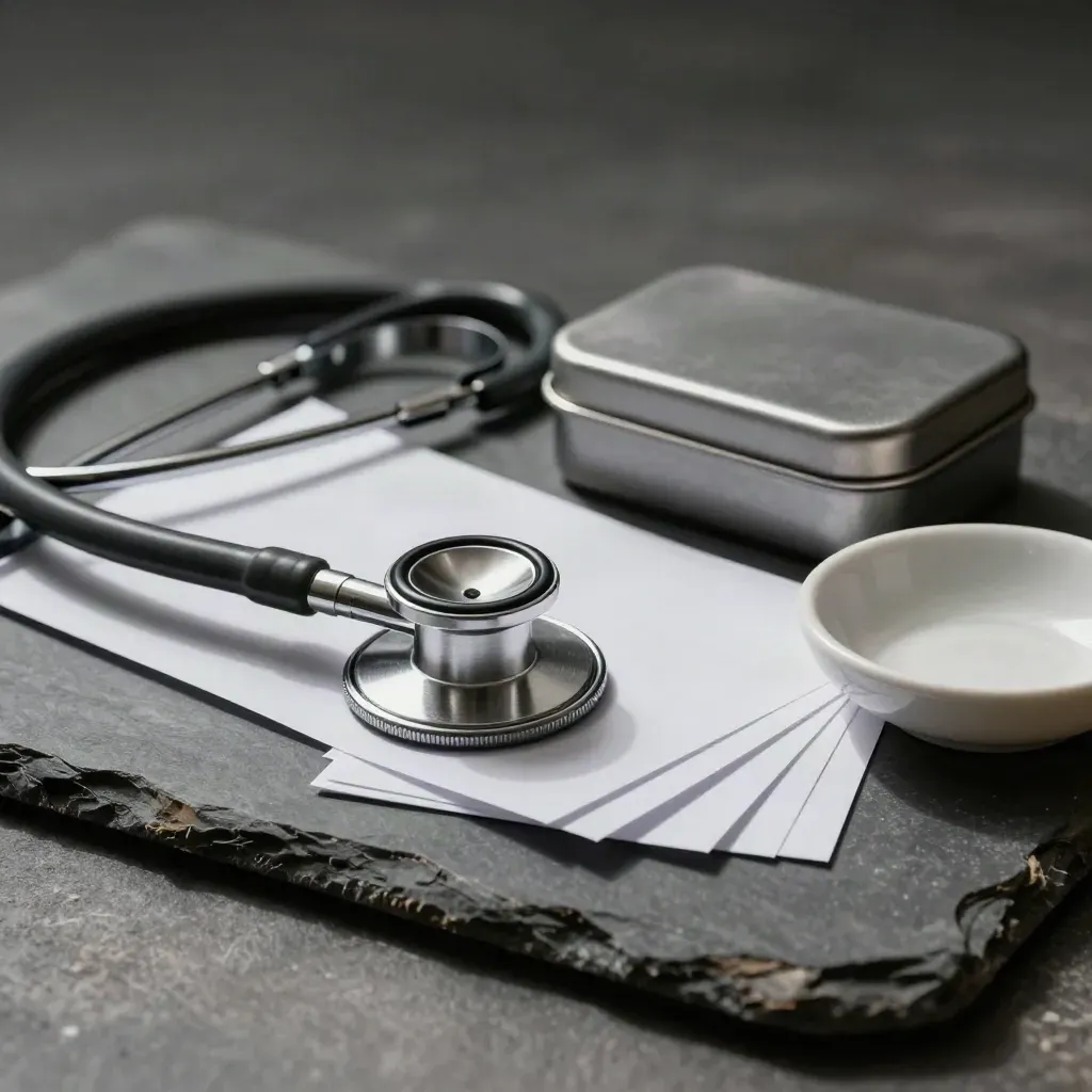 Stethoscope, intake cards, prescription tin, and ceramic dish on brushed stone.