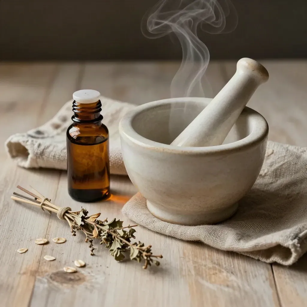 Ceramic mortar and pestle with amber bottle, linen cloth, herbs, and steam on pale wood.