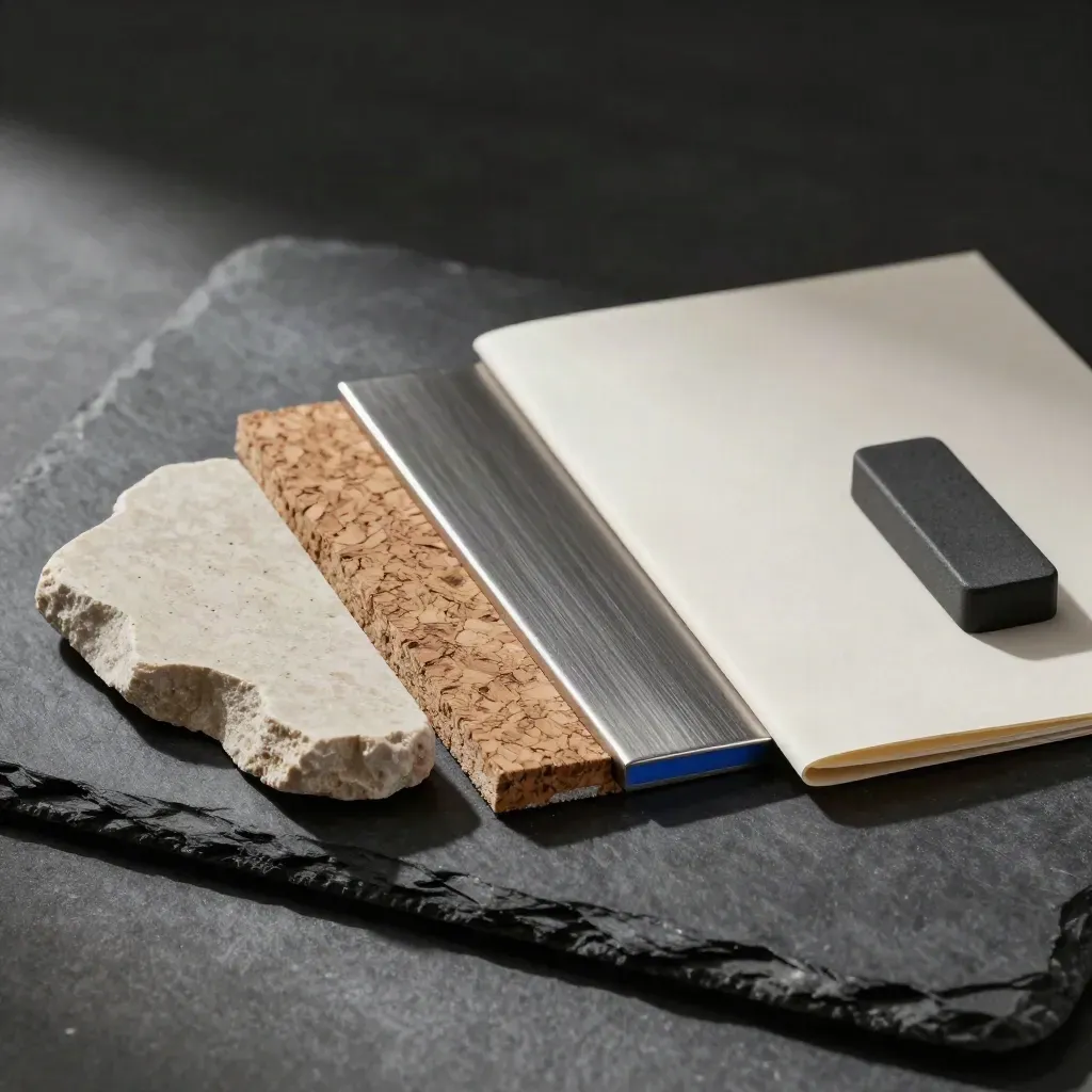 Architectural material samples on slate: stone, cork, steel, tracing paper, and a graphite clip.