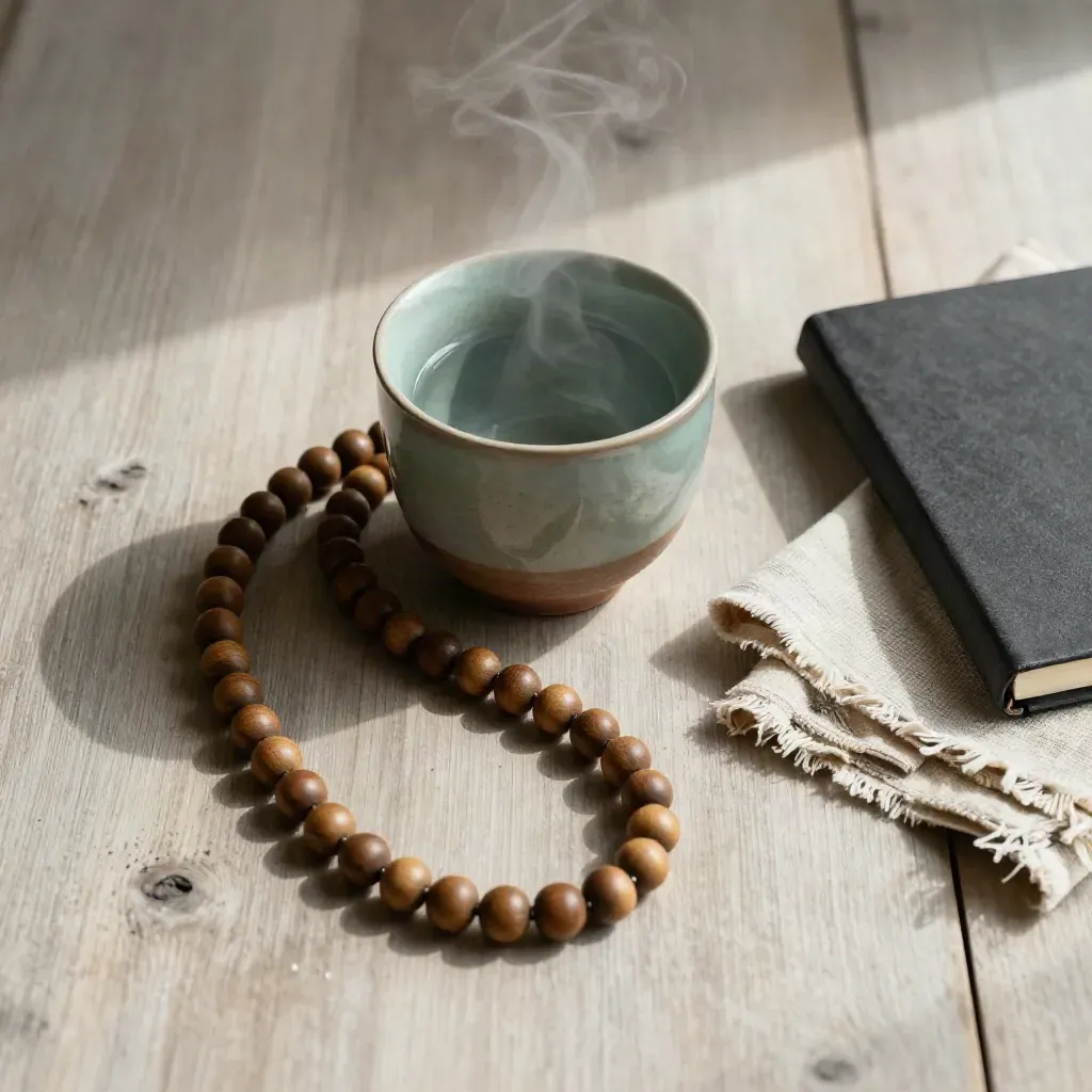 Top-down tea still life with steam, wooden beads, linen, and pocket journal on pale wood.