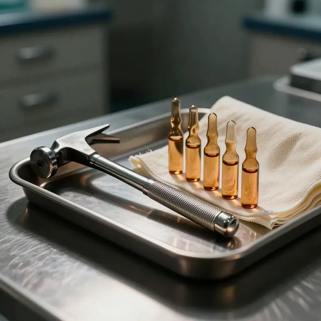 Reflex hammer, gauze, ampoules, and tray on brushed steel in a clinical still life.