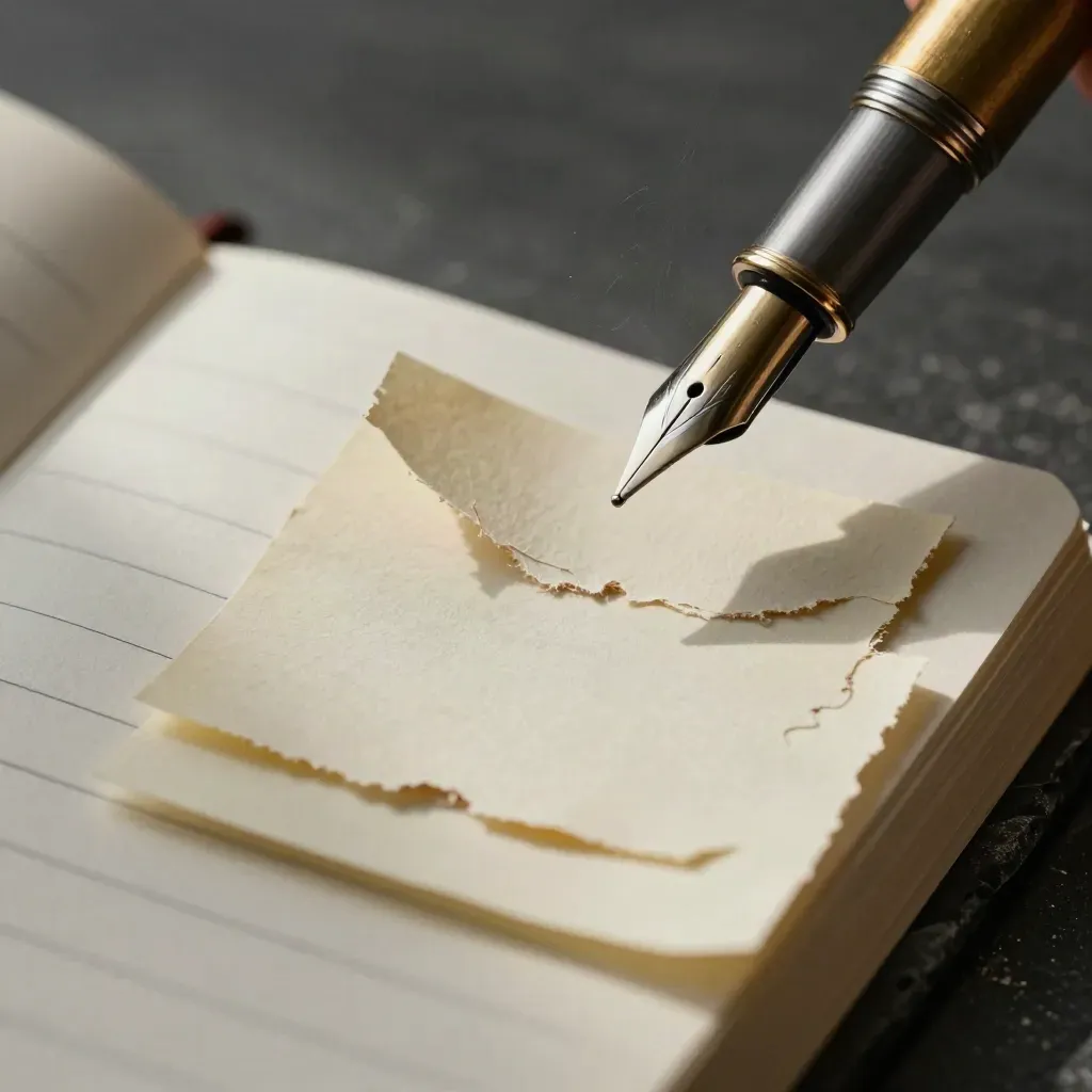 Brass fountain pen nib hovering over a blank pocket journal beside torn prompt cards.