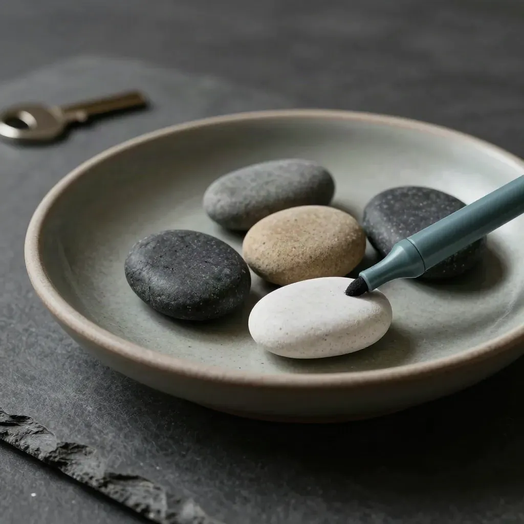 Five mood stones and a sliding marker in a shallow ceramic dish, lit with hard studio light.