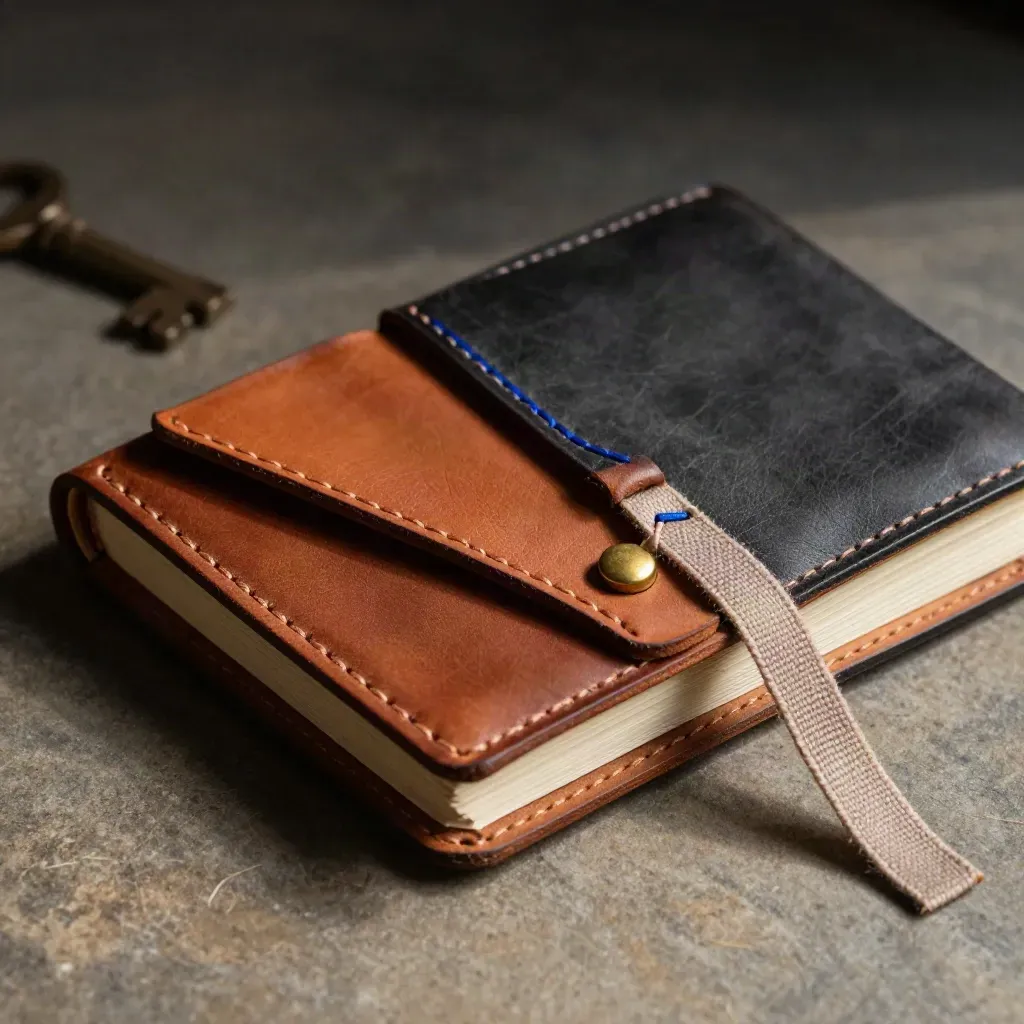 Leather bookmark tabs, linen ribbon, and brass clip on a journal edge in dramatic macro light.