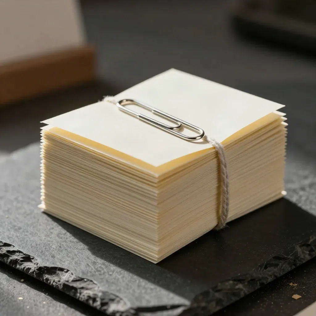 Cream summary cards, silver paper clip, and tied note bundle on graphite stone in soft daylight
