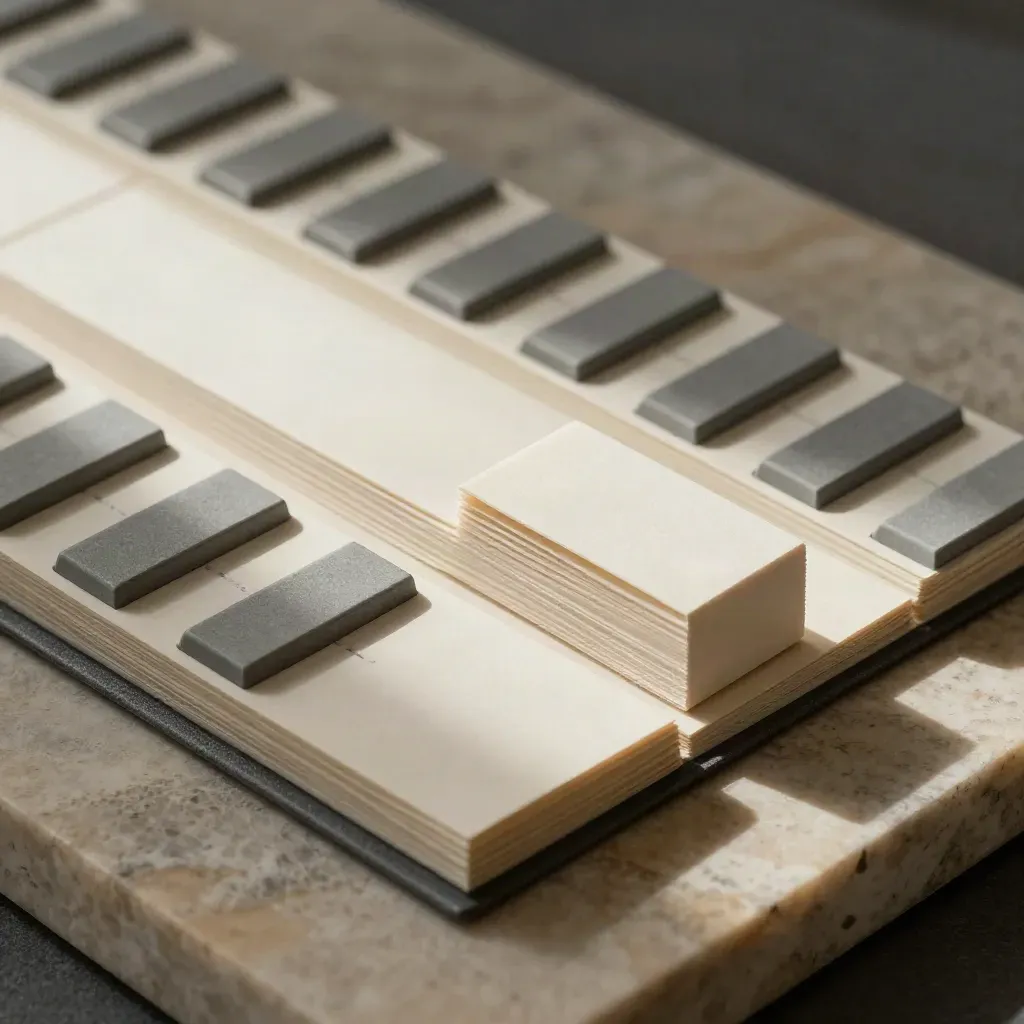 Raised paper index tabs on limestone, lit dramatically with one block elevated