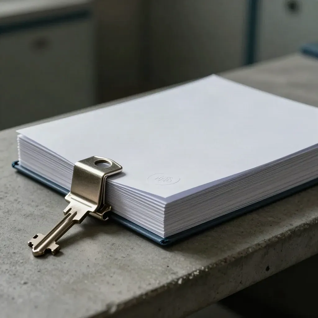Packet of report sheets held by a metal clasp with a seal disk on concrete.