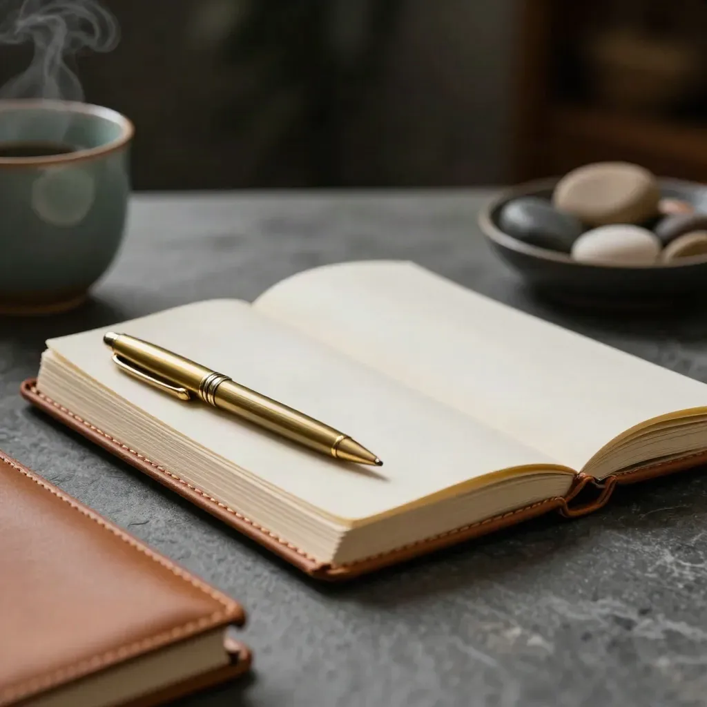 Leather journal, brass pen, teal ceramic cup, and worry stones in a moody macro still life.
