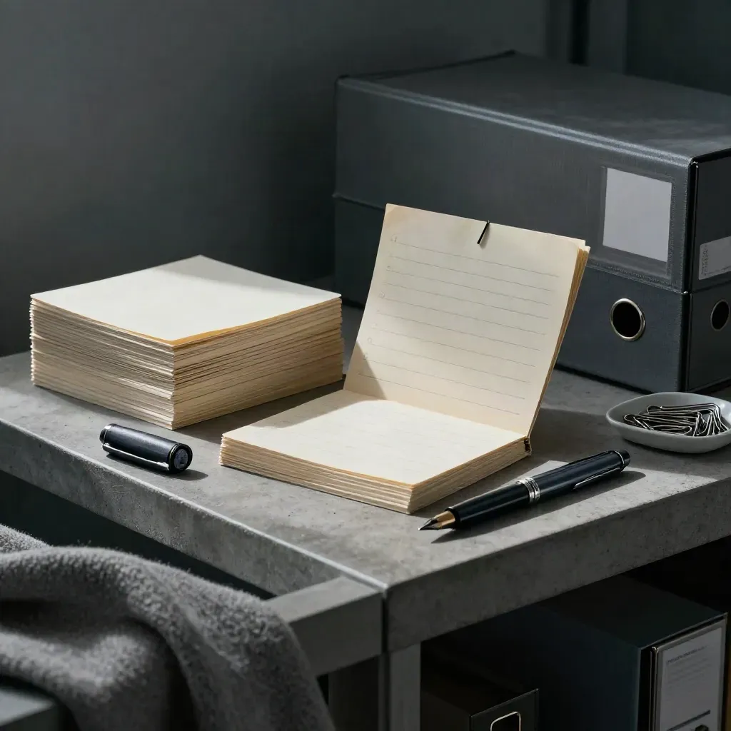 Therapist note cards, file folder, pen cap, and paper clips on concrete in moody light