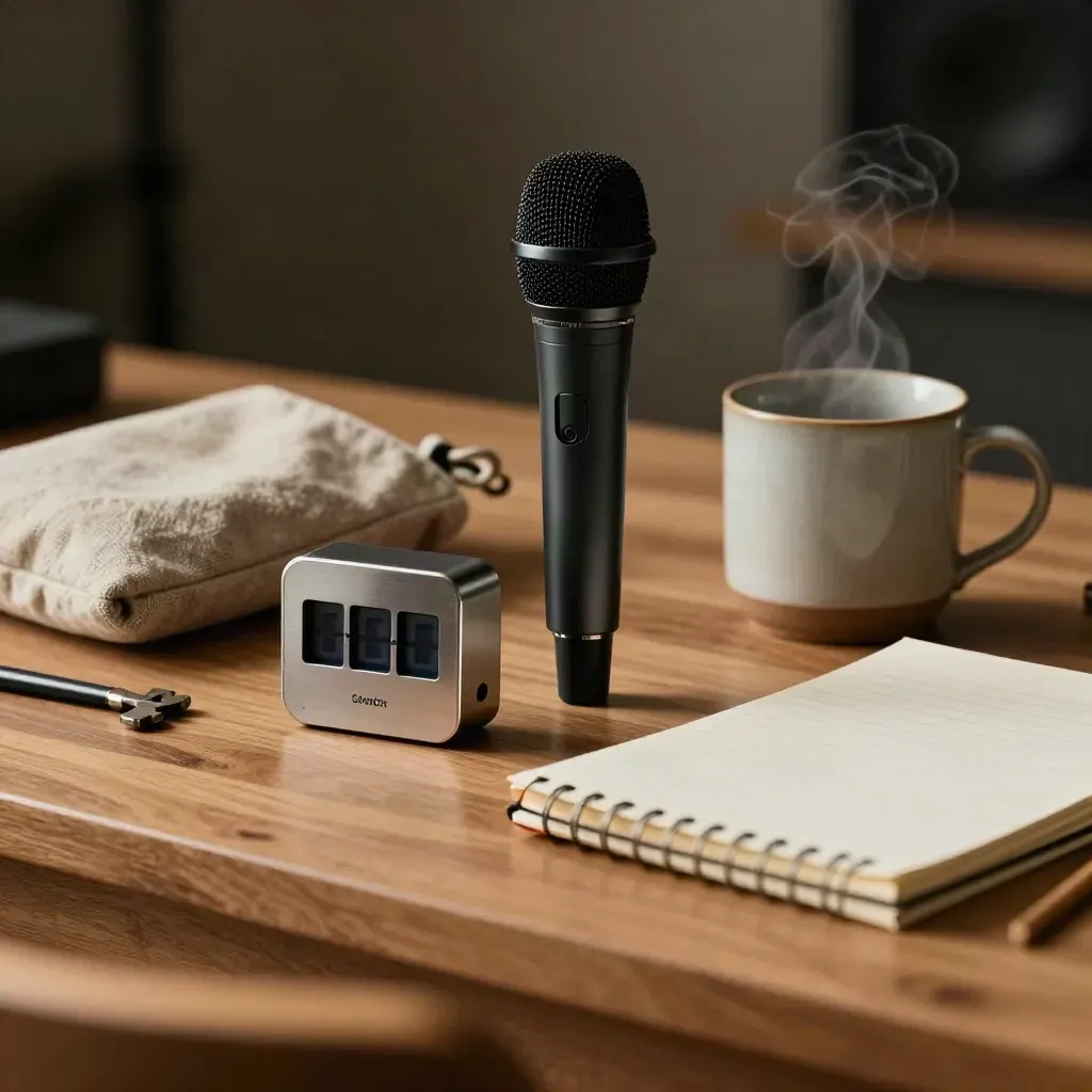 Microphone, timer, notebook, mug, and linen pouch on an oak counter with steam and haze.