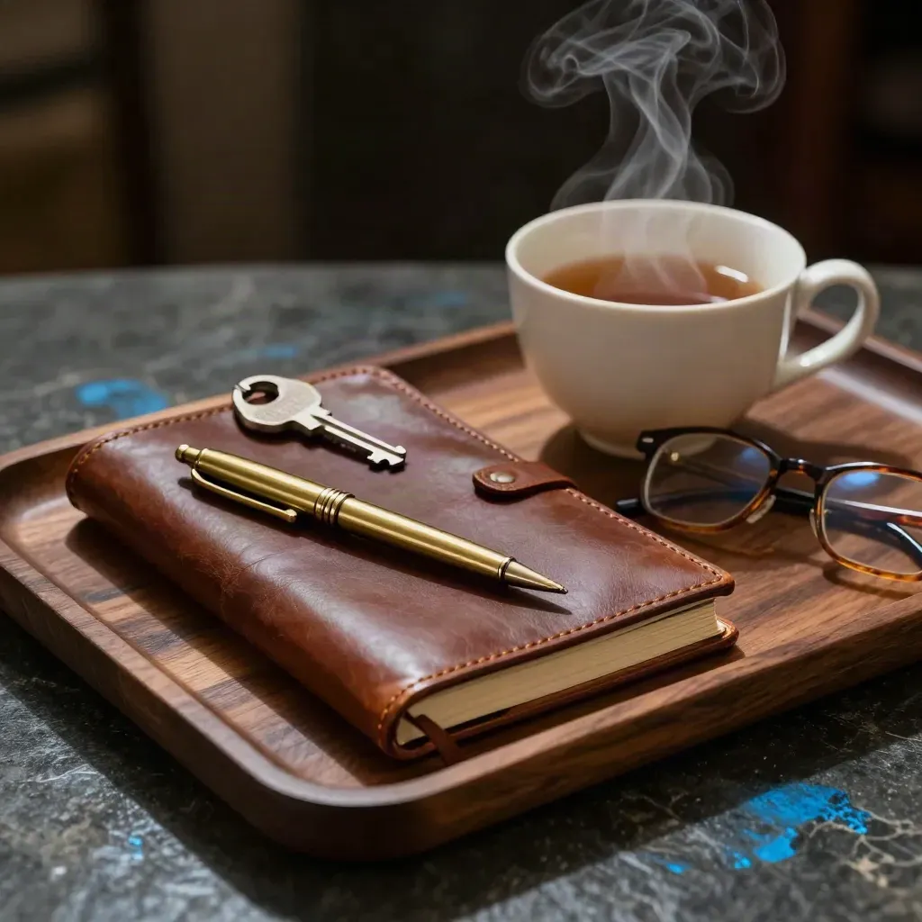 Worn journal, brass pen, tea cup and folded glasses on a walnut tray in dramatic studio light.