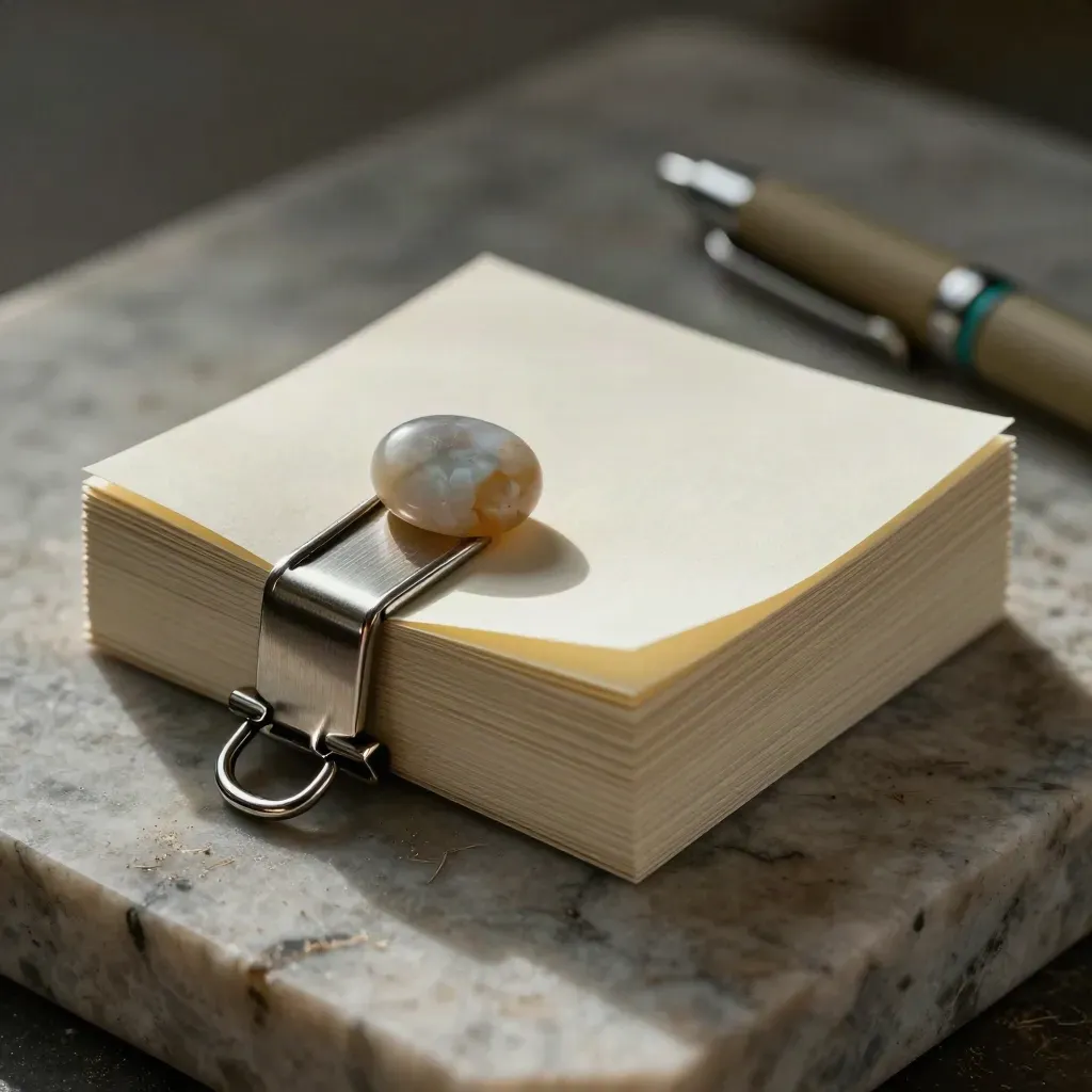 Macro still life of note cards clipped in place with a stone weight and muted pen sleeve on travertine.
