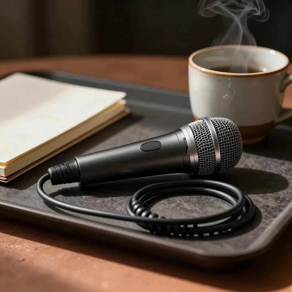 Podcast microphone, coiled cable, notebook and ceramic cup on a dark tray in soft daylight.