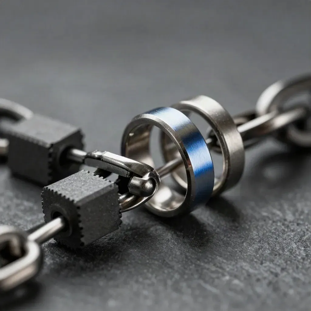 Macro of interlocking metal rings, connector, and graphite blocks on a moody stone surface.