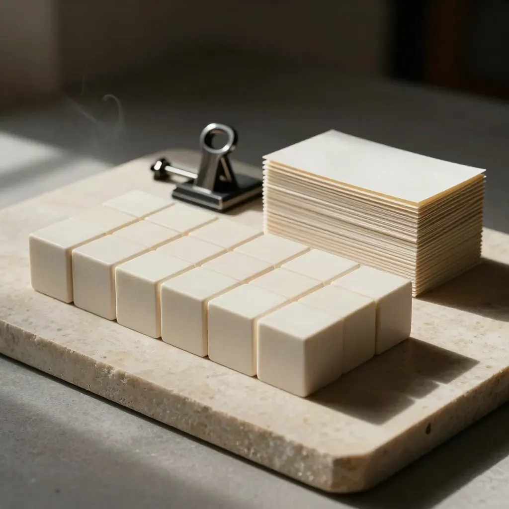 Cream modular blocks and a steel clip beside divider cards on a limestone surface.