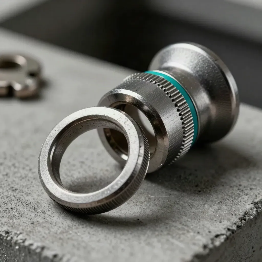 Extreme macro of a metal cable coupler with linked rings and adapter disc on concrete, teal accent light.