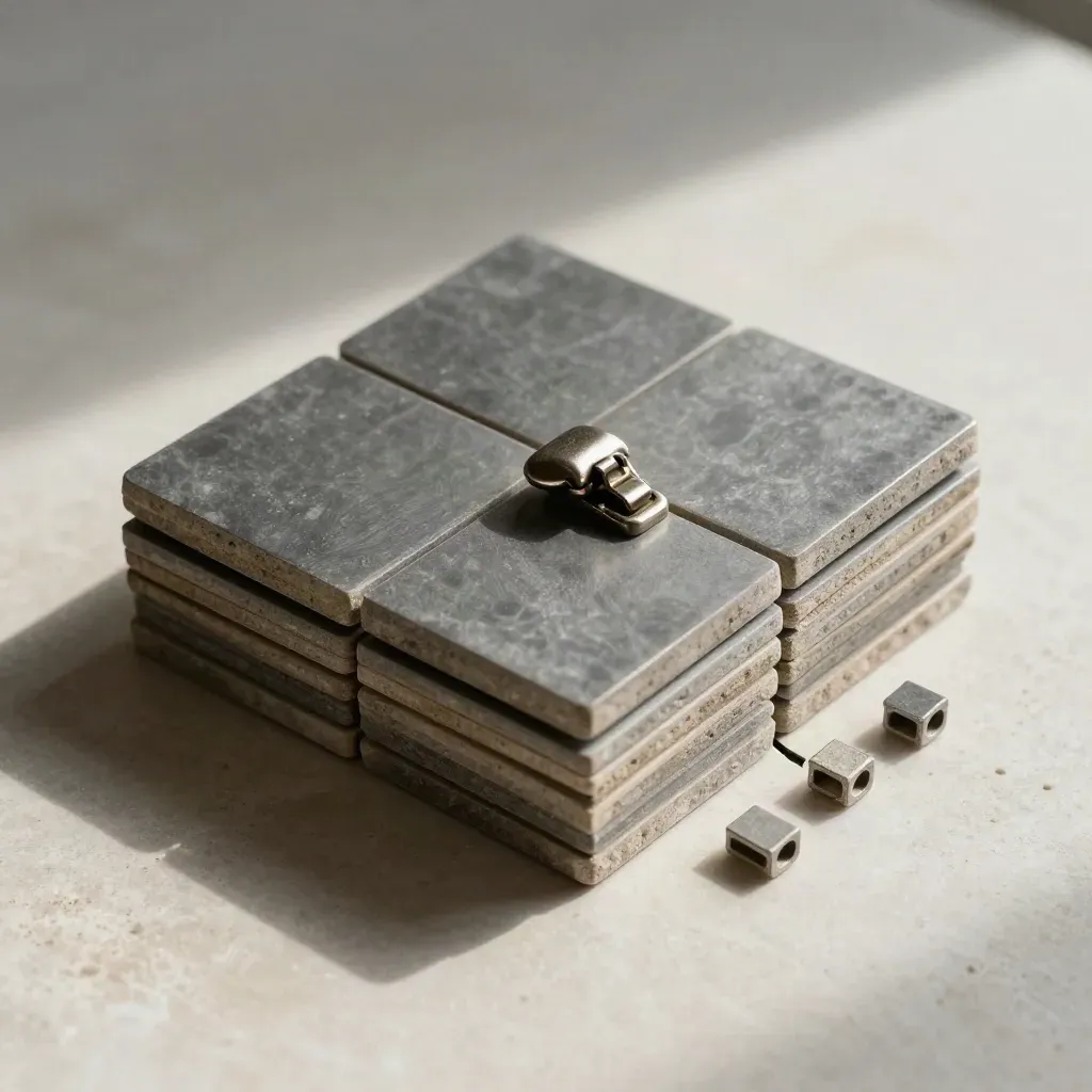 Graphite modular tiles, a closing metal latch, and snapped connectors on pale stone.