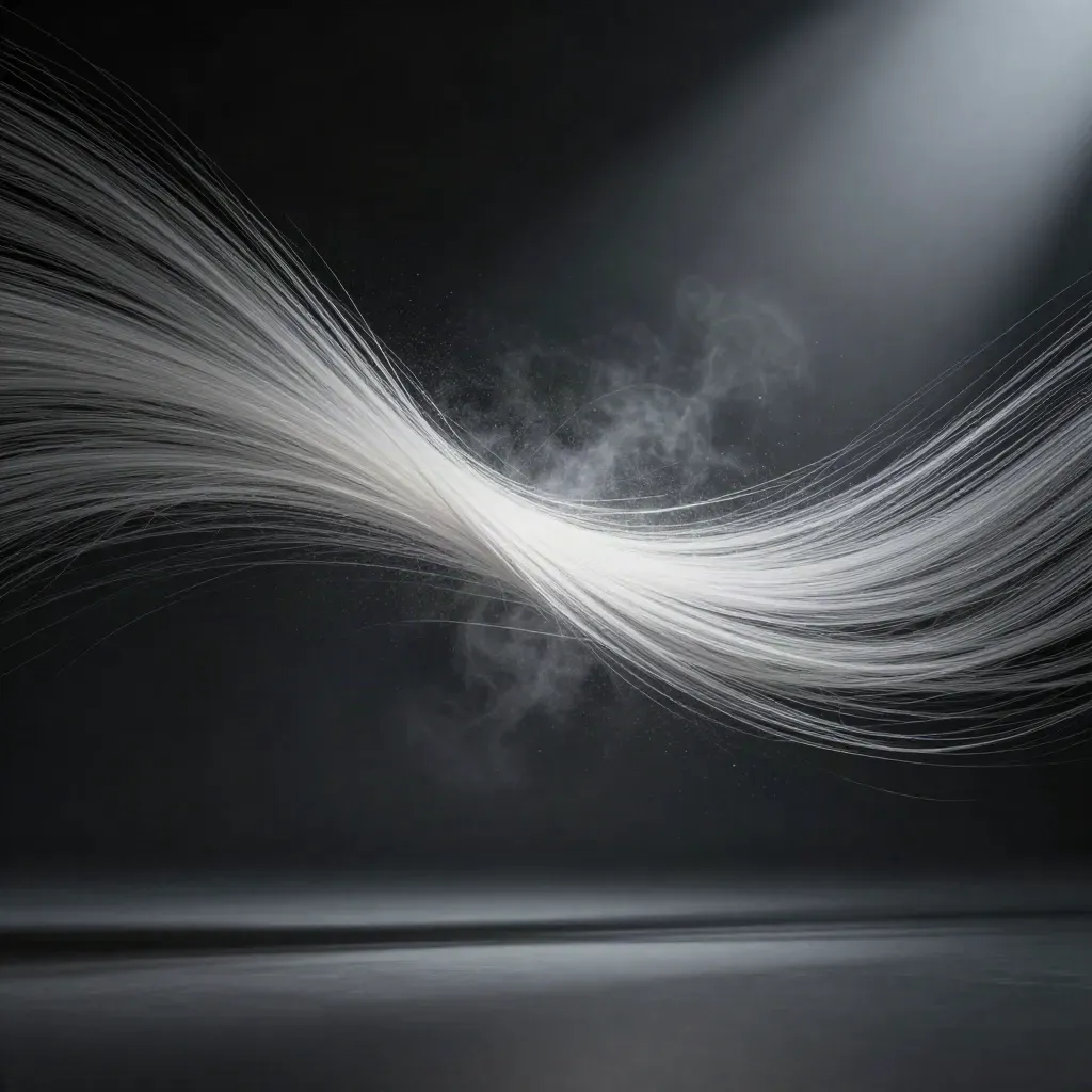 Silver filaments bloom in a dark graphite void with mist and drifting motes.