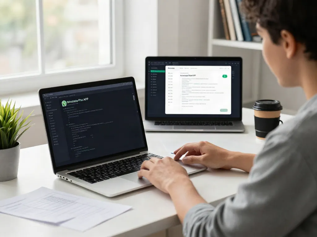 Mobile app developer demonstrating whatsapp plus apk download latest version features in a bright workspace.
