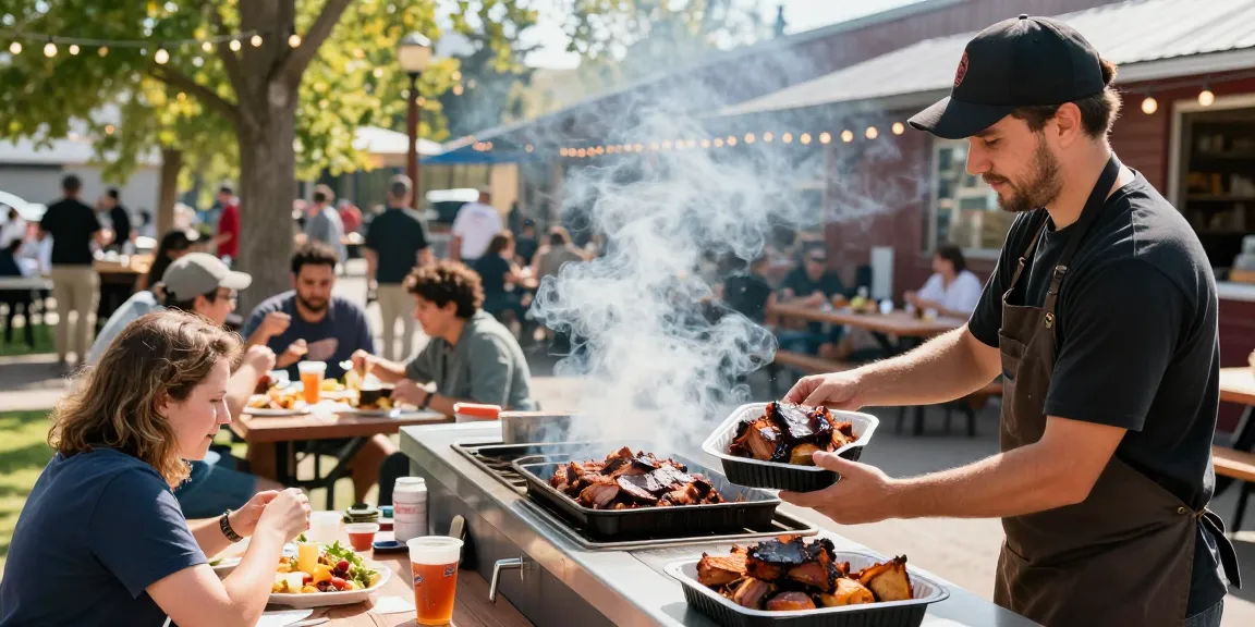 Enjoying delicious bbq take out in Alberta at a lively smokehouse with happy customers and vibrant outdoor setting.