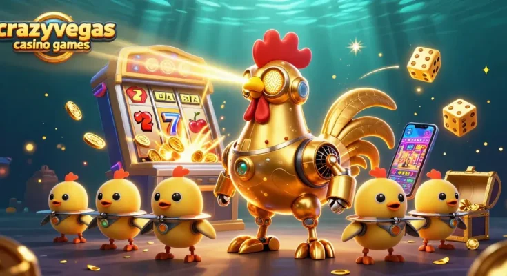 Engage with crazyvegas casino games featuring a golden rooster robot and baby chick drones amidst vibrant slot symbols.