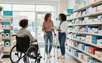 Customer at medical supply store Canada receiving help with mobility aids.